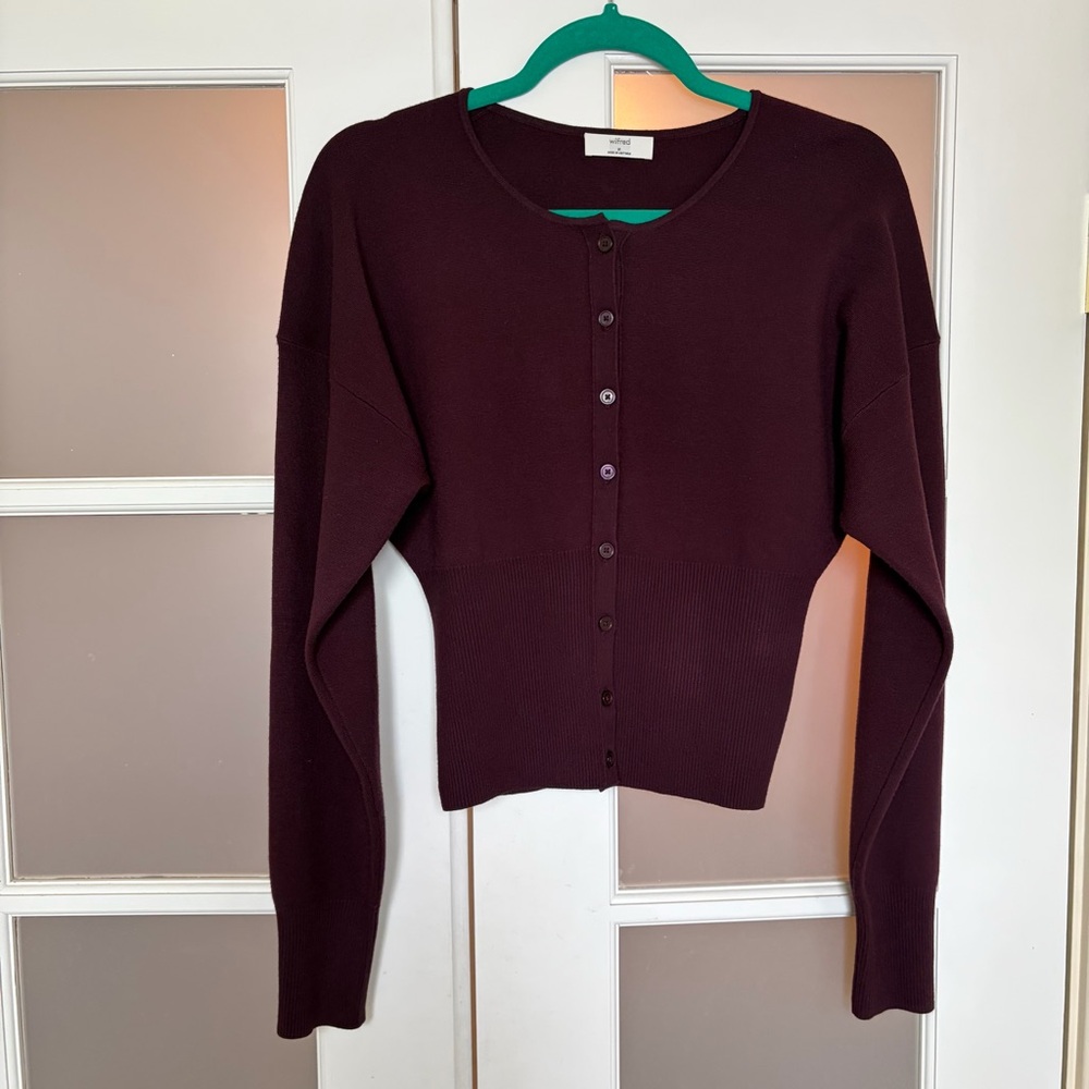 Aritzia golightly Wilfred Burgundy Cropped Button-Front Cardigan cardamom